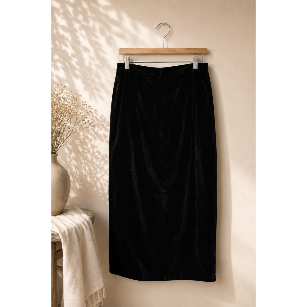 Vintage 90s Mirror Room Collection Black Velvet Midi Skirt Women's Size 14 Lined